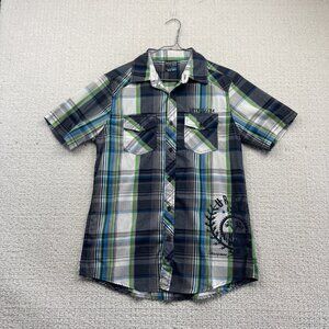 Y2K Urban Vintage Grunge Plaid Button Down Shirt Men Sz S Punk Racing Graphic